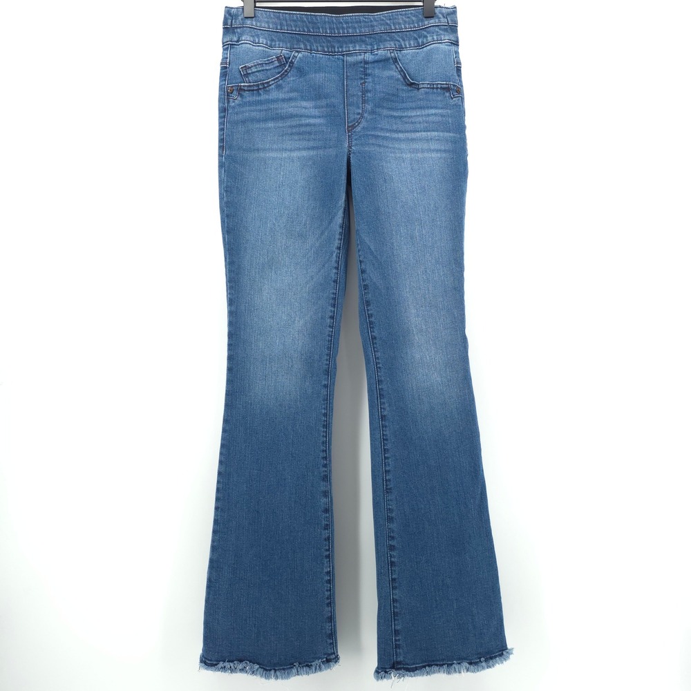 Mac and Me Womens Flare Jeans Ab Solution 4 Blue Pull On Raw Hem Denim